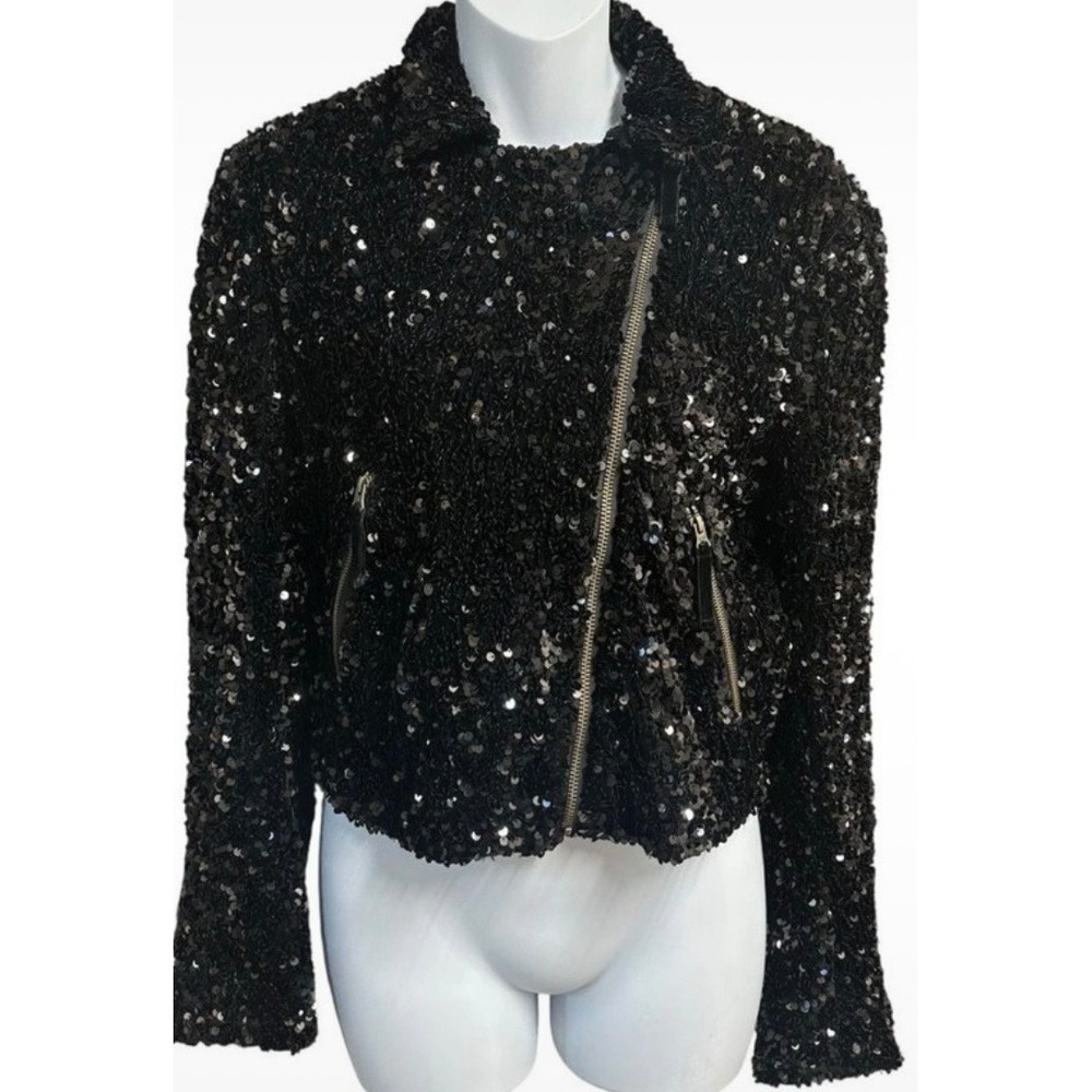 Maeve Anthropologie Black Sequin Moto Jacket Asymmetrical Zip Size extra small